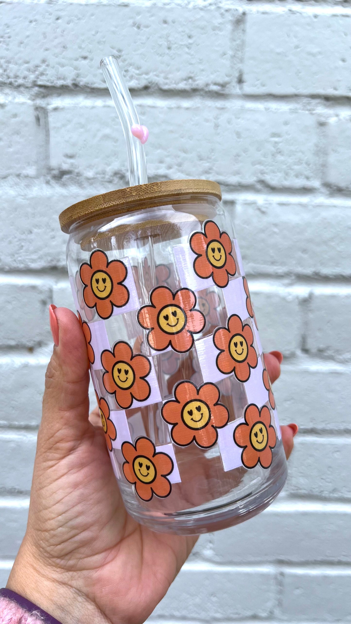 Retro Flowers - 16 Oz Glass Can