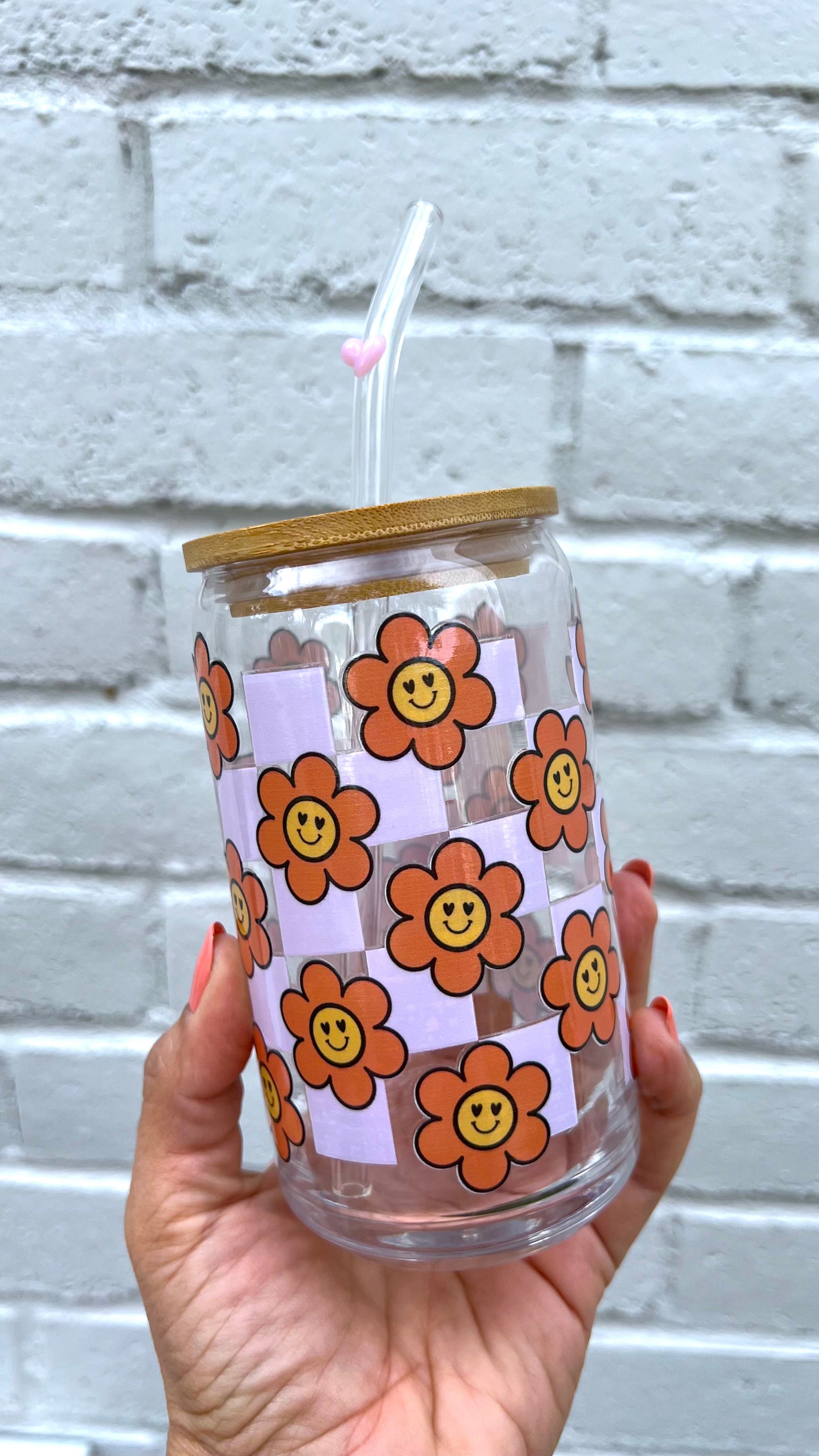 Retro Flowers - 16 Oz Glass Can